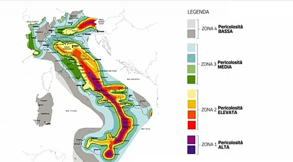 Carte des risques sismiques en Italie, indiquant les zones à haute probabilité de tremblements de terre, fournie par l'Ingv.