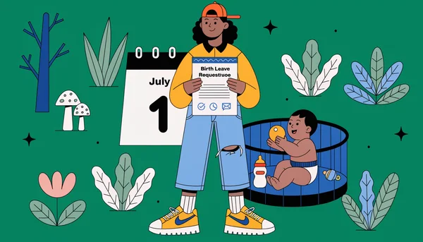 Un jeune parent tenant un document de demande de congé de naissance, avec un calendrier indiquant le 1er juillet en arrière-plan, et un bébé jouant dans un parc. Illustration en style flat design pastel, chaleureuse et moderne.