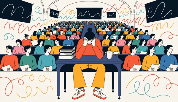 Un étudiant seul au premier plan d'un grand amphithéâtre universitaire bondé, la tête dans les mains, submergé par des lignes ondulées et des formes abstrayant le bruit et les stimuli visuels qui l'entourent, illustrant la surcharge sensorielle invisible vécue par les étudiants neurodivergents.