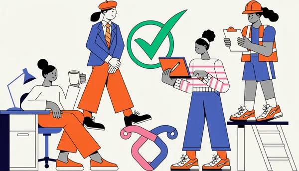 Divers profils de travailleurs (salarié, fonctionnaire, travailleur indépendant, intérimaire) entourés d'un symbole de validation et d'un ruban rose-bleu symbolisant la parentalité. Illustration en style flat design coloré et moderne.