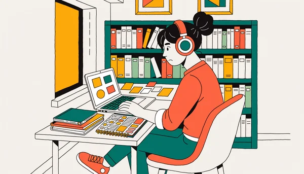 Un étudiant neuroatypique assis à un bureau de bibliothèque universitaire, portant des casques antibruit, entouré d'un ordinateur portable, d'un agenda coloré, de cahiers et de notes autocollantes, organisant stratégiquement son temps et son attention face aux troubles de l'organisation exécutive.