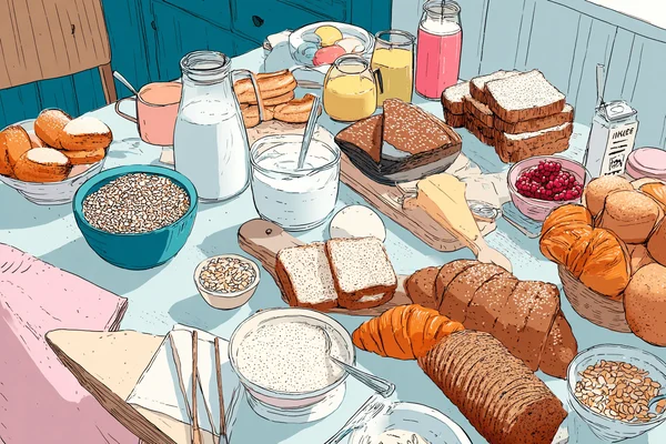 Assortiment d'aliments incluant biscuits, pain, pâtes ou riz, montrant la présence généralisée du cadmium dans les assiettes.