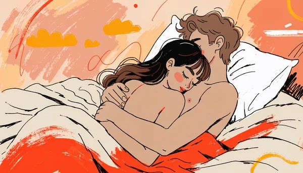 Illustration d'un couple nu enlacé dans un lit après un rapport sexuel, se câlinant tendrement. La femme, couchée sur le côté, repose sa tête sur la poitrine de son partenaire qui la serre dans ses bras. Leur peau est en contact direct. L'ambiance est douce et intime.