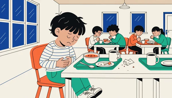Illustration 2D en style éditorial propre montrant une cantine scolaire où un enfant au premier plan semble malade, se tenant le ventre, tandis que d'autres enfants mangent à des tables, illustrant directement le danger des aliments insalubres pour les jeunes.