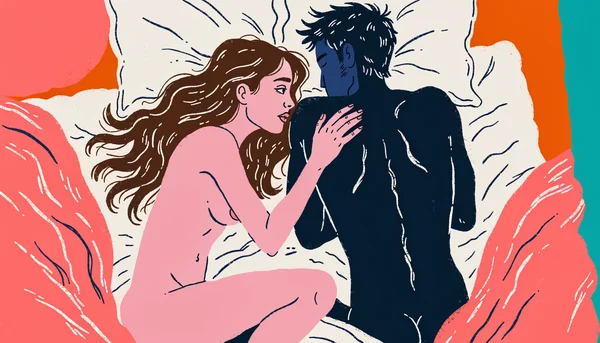 Illustration d'une femme nue éveillée dans un lit, regardant déçue son partenaire endormi à côté d'elle. Il est nu et lui tourne le dos. Elle tend la main vers lui sans le toucher. L'image montre le décalage entre le besoin de câlins de l'un et le sommeil de l'autre.