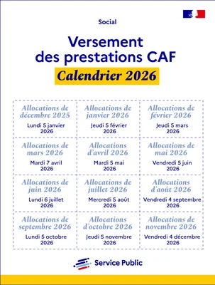 Calendrier 2026 des versements de prestations sociales de la CAF, concernant les aides aux familles, publié par Service Public.