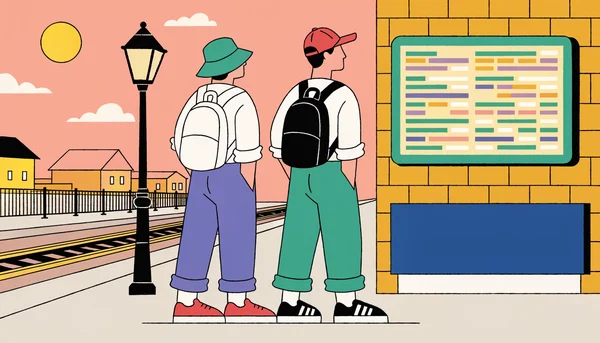 Illustration en aplats de deux jeunes voyageurs de 18 à 25 ans, sacs à dos, sur le quai ensoleillé d'une gare, face à un écran d'horaires sans texte, évoquant un voyage abordable et bas-carbone.