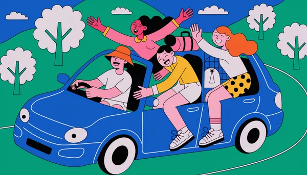 Illustration en aplats de quatre jeunes partageant une voiture sur une route de campagne verdoyante, vitres ouvertes, bagages visibles, évoquant le covoiturage ludique et économique.