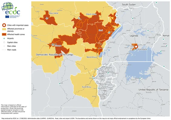 Illustration ou carte de l'épidémie de maladie à virus Ebola en République démocratique du Congo et en Ouganda, provenant du Centre européen de prévention et de contrôle des maladies (ECDC).