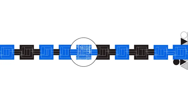 Visualisation sobre d'une chaîne de blocs publique et traçable, avec un lien mis en évidence par une loupe pour l'analyse des flux.