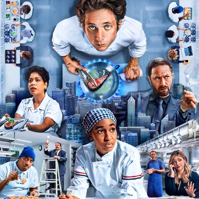 Image promotionnelle composite de la série The Bear (Disney+) pour la saison 4, présentant un collage des acteurs principaux dans divers décors de cuisine et de restaurant, issue de l'article des Numériques sur la bande-annonce.