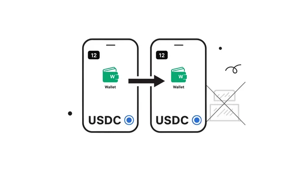 Illustration de deux portefeuilles non hébergés sur smartphones échangeant des stablecoins directement de pair à pair, sans intermédiaire régulé visible.