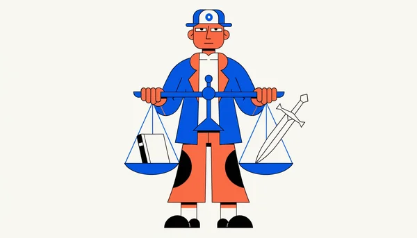 Illustration plate d'un personnage non joueur marchand tenant une balance avec un livre d'un côté et une épée de l'autre, symbolisant deux agendas contradictoires propres au PNJ.