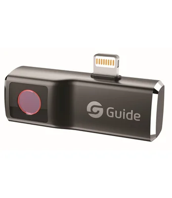 Rendu 3D d'un appareil électronique gris foncé avec connecteur Lightning et bouton rouge, étiqueté 'Guide', présenté comme caméra thermique pour smartphone.