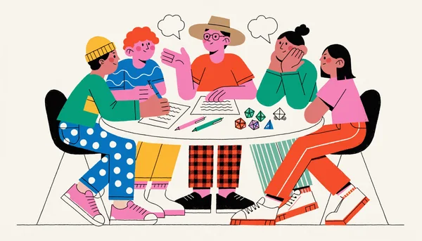 Illustration éditoriale plate : un groupe de jeunes joueurs et un maître de jeu réunis autour d'une table pour une session zéro, discutant avec des bulles de dialogue simples et des feuilles de personnage.
