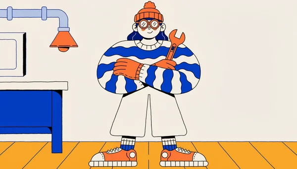 Illustration plate d'une ingénieure de guilde, personnage non joueur féminin, croisant les bras comme tic distinct tout en tenant une clé à molette dans un atelier simplifié, représentant un PNJ crédible sans stéréotype.