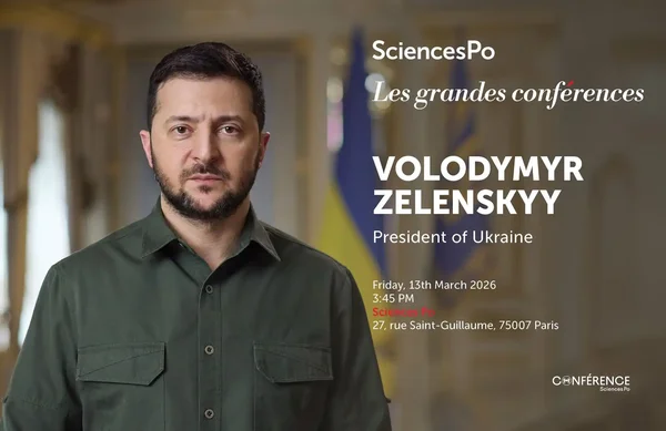 Affiche promotionnelle des Grandes Conférences de Sciences Po mettant en vedette Volodymyr Zelenskyy, président de l'Ukraine, pour un événement prévu le 13 mars 2026.