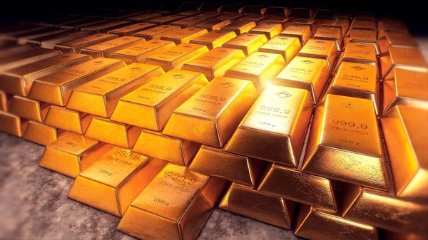 Illustration numérique d'une grande pile de lingots d'or estampillés '999.9 FINE GOLD 1000 g', dans le cadre du mystère des lingots d'or venus de Russie agitant la Suisse selon L'Express.