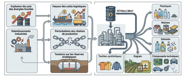 Infographie d'ADIMAS sur la crise du plastique 2026 illustrant l'impact de la hausse des prix des combustibles fossiles et logistiques sur la production industrielle et le rôle du pétrole brut dans les plastiques.