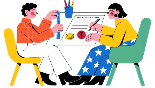 Illustration éditoriale plate : un expert immobilier et un vendeur particulier signent l'acte définitif chez le notaire, la commission n'étant due qu'à cet instant.