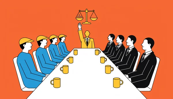 Illustration éditoriale plate : salle de conseil de surveillance allemand avec parité de sièges entre représentants salariés (casquettes) et du capital (costumes), le président au bout de la table levant la main pour une voix prépondérante. Style linéaire épuré.