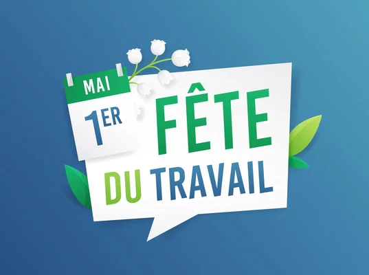 Graphique numérique à fond bleu dégradé célébrant la Fête du Travail avec un calendrier et des fleurs de muguet, issu de La-Croix sur le 1er mai chômé, cadre des ouvertures de commerces.