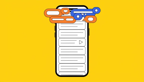 Illustration d'un smartphone présentant un flux de contenu en scroll infini avec une icône de lecture automatique et des bulles de notifications superposées, illustrant les mécanismes de captation de l'attention des réseaux sociaux.