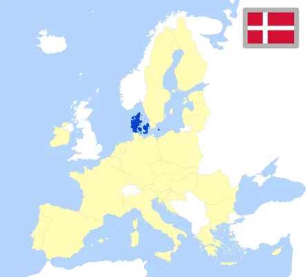 Carte politique de l'Europe mettant en évidence le Danemark en bleu foncé, avec le drapeau danois en haut à droite, illustrant ce pays de l'Union européenne.