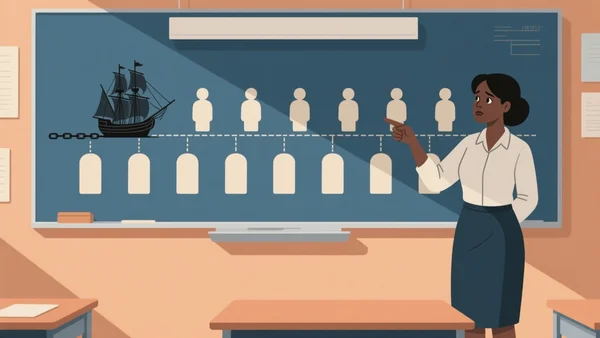 Dans une salle de classe, une enseignante désigne une frise chronologique presque vide : un seul segment sombre évoque la traite et l'esclavage, tandis que les autres cases restent en pointillés, comme autant de figures noires absentes du récit scolaire.
