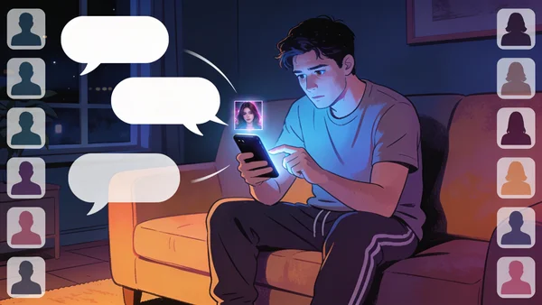 Assis seul dans son salon la nuit, un jeune homme transfère depuis son téléphone une photo intime vers une multitude de contacts : la diffusion non consentie par un ancien partenaire, premier auteur de ce délit.