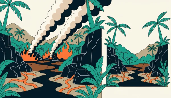Illustration éditoriale plate montrant un paysage de forêt primaire tropicale divisé en deux : à gauche, une zone de canopée verte avec de nombreuses plaques brûlées et défrichées (perte record de 2024) ; à droite, une zone similaire avec une seule petite parcelle défrichée (ralentissement de 2025).