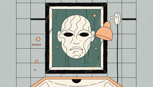 Illustration éditoriale plate : un miroir de salle de bain accroché à un mur carrelé, faiblement éclairé par une petite lampe, reflète le visage inconnu d'une personne aux traits légèrement déformés et aux yeux creux, cadré de face avec un lavabo partiel en bas.