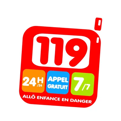 Logo du 119 Service National d'Accueil Téléphonique de l'Enfance en Danger, présenté par Ain Solidarités, avec le numéro 119 en rouge et blanc et mention de gratuité 24/7 pour enfants en danger.