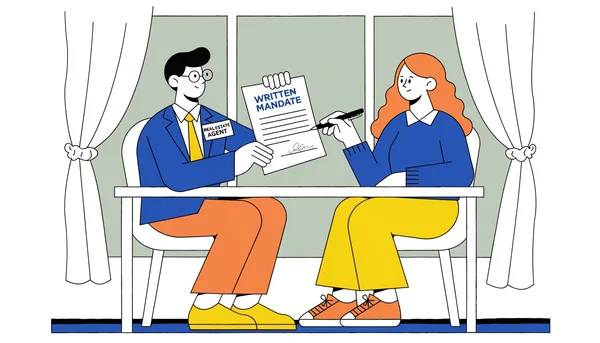 Illustration éditoriale plate : un agent immobilier présente un mandat écrit à signer à un vendeur particulier à un bureau, condition préalable à toute commission.