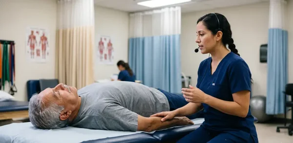Illustration étiquetée comme méditation par balayage corporel montrant une professionnelle de santé en bleu et casque réalisant une thérapie physique sur un patient masculin âgé allongé sur une table de soin en clinique.