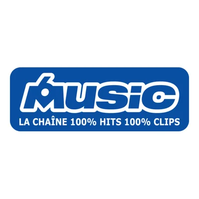 Logo de la chaîne M6 Music sur fond bleu, avec le mot 'Music' en blanc stylisé et le slogan 'LA CHAÎNE 100% HITS 100% CLIPS' dessous, issu d'un site de vectoriels.