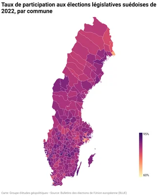 Carte de la Suède publiée par Le Grand Continent, représentant le taux de participation aux élections législatives de 2022 par municipalité, avec une échelle de couleurs de 60 % à 95 %.