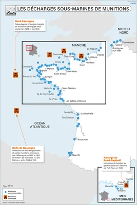Carte infographique de France intitulée 'Les décharges sous-marines de munitions' illustrant les 148 sites de décharges recensés par la convention Ospar dans le nord-est de l'Atlantique, dont 62 au large des côtes françaises, montrant des munitions dans l'Atlantique, la Manche et la Méditerranée.