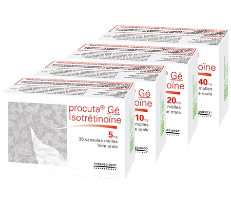 Procuta Gé, médicament à base d'isotrétinoïne contre l'acné sévère, représenté par quatre boîtes disposées en diagonale indiquant les dosages 5, 10, 20 et 40 mg.