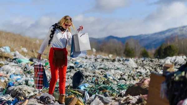 Loi anti fast-fashion du Service Public Entreprendre : une femme en chemise blanche, pantalon rouge et écharpe tenant des sacs de shopping dans une décharge avec montagnes en arrière-plan.