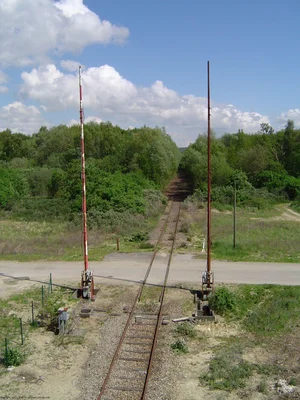 Passage à niveau avec une voie unique traversant une route goudronnée, équipé de deux barrières verticales à bandes rouges et blanches, la voie s'enfonçant dans une forêt verte sous un ciel bleu clair à nuages blancs.