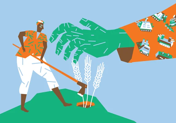Illustration stylisée de la crise de la chaîne alimentaire mondiale : un agriculteur plantant avec une houe, sous une grande main verte émergeant d'une forme orange contenant des machines agricoles.