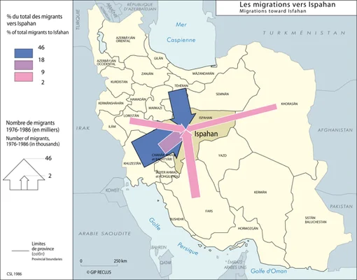 Carte thématique d'Irancarto illustrant les migrations vers Ispahan entre 1976 et 1986 par flèches colorées, contexte géographique indirect de l'article sur le bombardement américain.