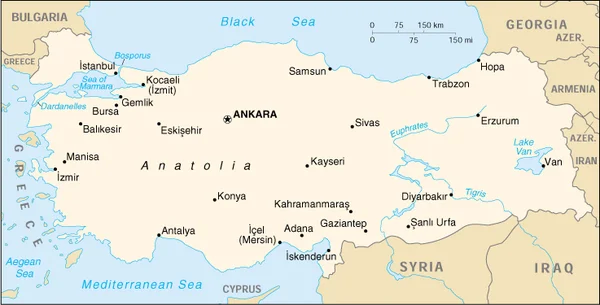 Carte politique de la Turquie illustrant les frontières, les principales villes, les pays voisins et les plans d'eau environnants, sous forme de graphique.