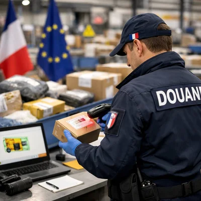 Douanier français en uniforme arborant 'DOUANE' scannant un colis avec un appareil portable dans un entrepôt logistique, drapeaux français et européens visibles, illustration du renforcement des contrôles douaniers sur les petits colis e-commerce en France.