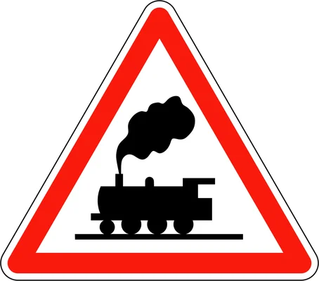 Panneau de signalisation de passage à niveau sans barrière en France : triangle à bord rouge avec silhouette noire de locomotive à vapeur sur des rails, indiquant un lieu à risque.