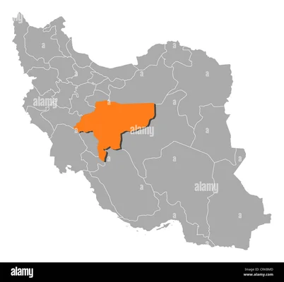 Carte politique de l'Iran avec la province d'Ispahan surlignée en orange parmi les provinces grises, provenant d'Alamy, situant la ville ciblée par les bombes pénétrantes de 900 kg.