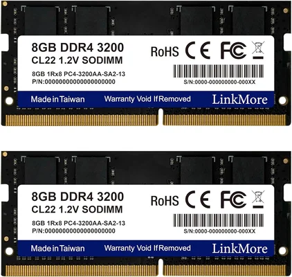 Lot LinkMore de deux barrettes mémoire DDR4 3200 MHz SODIMM 16 Go (2x8 Go) à circuit imprimé noir et étiquettes blanches, empilées verticalement sur fond neutre.