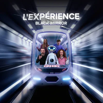 Affiche promotionnelle de L'expérience Black Mirror (Québec Vacances) pour l'épisode interactif Bandersnatch, montrant quatre personnes et un robot dans un véhicule futuriste à écran fissuré.