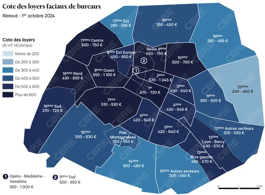 Carte infographique de Paris affichant les loyers de bureaux par mètre carré par quartier, mise à jour au 1er octobre 2024, avec une légende colorée où les tons foncés indiquent les coûts élevés.